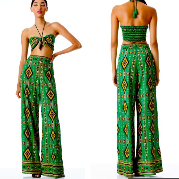 Alice + Olivia Pants - Alice + Olivia SET 2 Pieces Livia Tie Halter Top/Athena Wide Leg Pant Green SZ 2